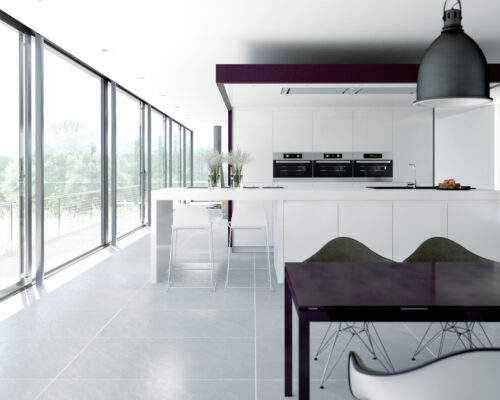 Silver slimline sliding doors in a black and white contemporary kitchen